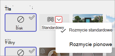 Zrzut ekranu z wyróżnionymi opcjami rozmycia tła na ekranie przed dołączeniem do spotkania.