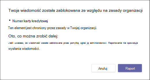 Okno dialogowe z wyjaśnieniem, dlaczego wiadomość została zablokowana i nie można jej zastąpić