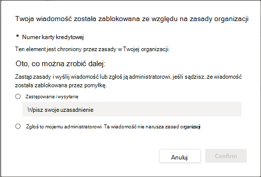 Opcje zastępowania zasad ochrony przed utratą danych w organizacji