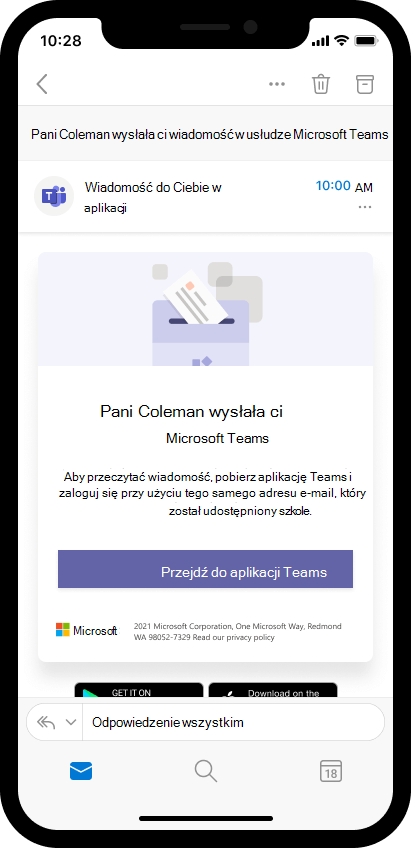 Zrzut ekranu przedstawiający wiadomość e-mail na urządzeniu przenośnym z zaproszeniem rodzica do otwarcia wiadomości dla nauczycieli w aplikacji Teams.