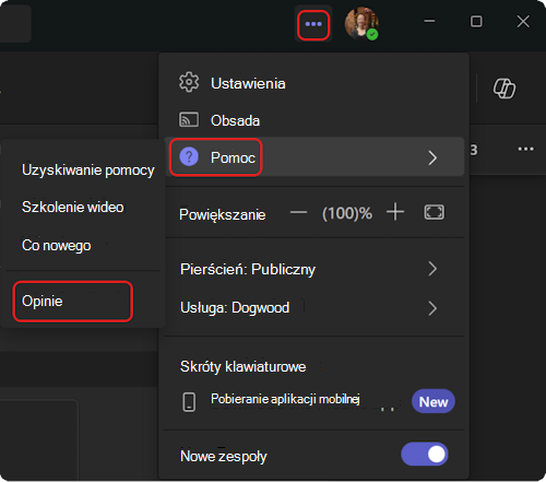Jak przejść do menu Pomocy w aplikacji Teams.