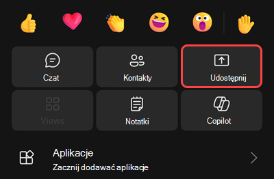 Menu spotkania z opcjami umożliwiającymi rozpoczęcie nagrywania, zawieszanie się, dzwonienie do siebie, udostępnianie, uzyskiwanie klawiatury numerycznej lub wyłączanie przychodzącego wideo.
