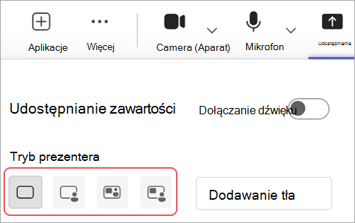 Zrzut ekranu przedstawiający różne tryby prezentera w kontrolkach spotkania w aplikacji Microsoft Teams.