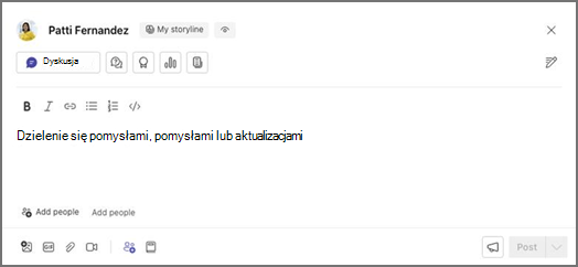 Pole wprowadzania tekstu z etykietą Mój scenariusz i przycisk Dyskusja, opcje formatowania i symbole zastępcze do udostępniania, dodawania osób i publikowania.