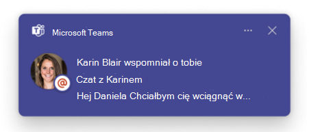 Zrzut ekranu przedstawiający podgląd wiadomości w powiadomieniu o wzmiance w aplikacji Teams.