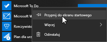Menu kontekstowe umożliwiające otwarcie aplikacji Microsoft To Do i przypisanie jej do ekranu startowego