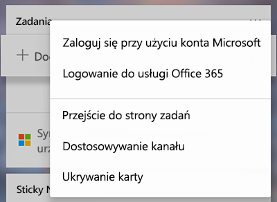 Zrzut ekranu przedstawiający opcję Zaloguj się przy użyciu konta Microsoft lub konta usługi Office 365 na karcie Więcej zadań, więcej
