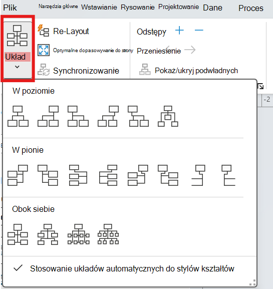 Zrzut ekranu przedstawiający opcje układu do wyboru w przypadku schematów organizacyjnych