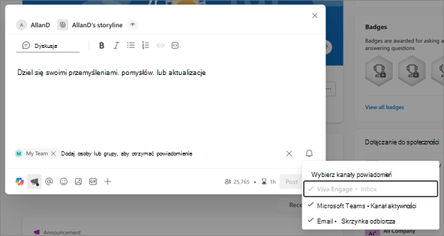 Zrzut ekranu przedstawiający kanały powiadomień w ogłoszeniu o nowym scenariuszu