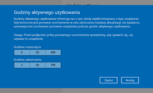Zrzut ekranu przedstawiający okno dialogowe zmieniania godzin aktywnego użytkowania