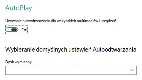 Ustawienia Autoodtwarzania z włączoną funkcją Autoodtwarzanie i wyświetlonym menu domyślnym Dysk wymienny