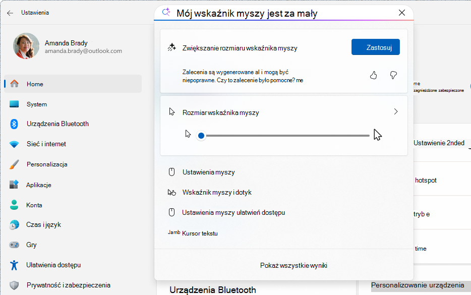 Zrzut ekranu przedstawiający ustawienia przedstawiające wyszukiwanie oparte na SI za pomocą agenta.