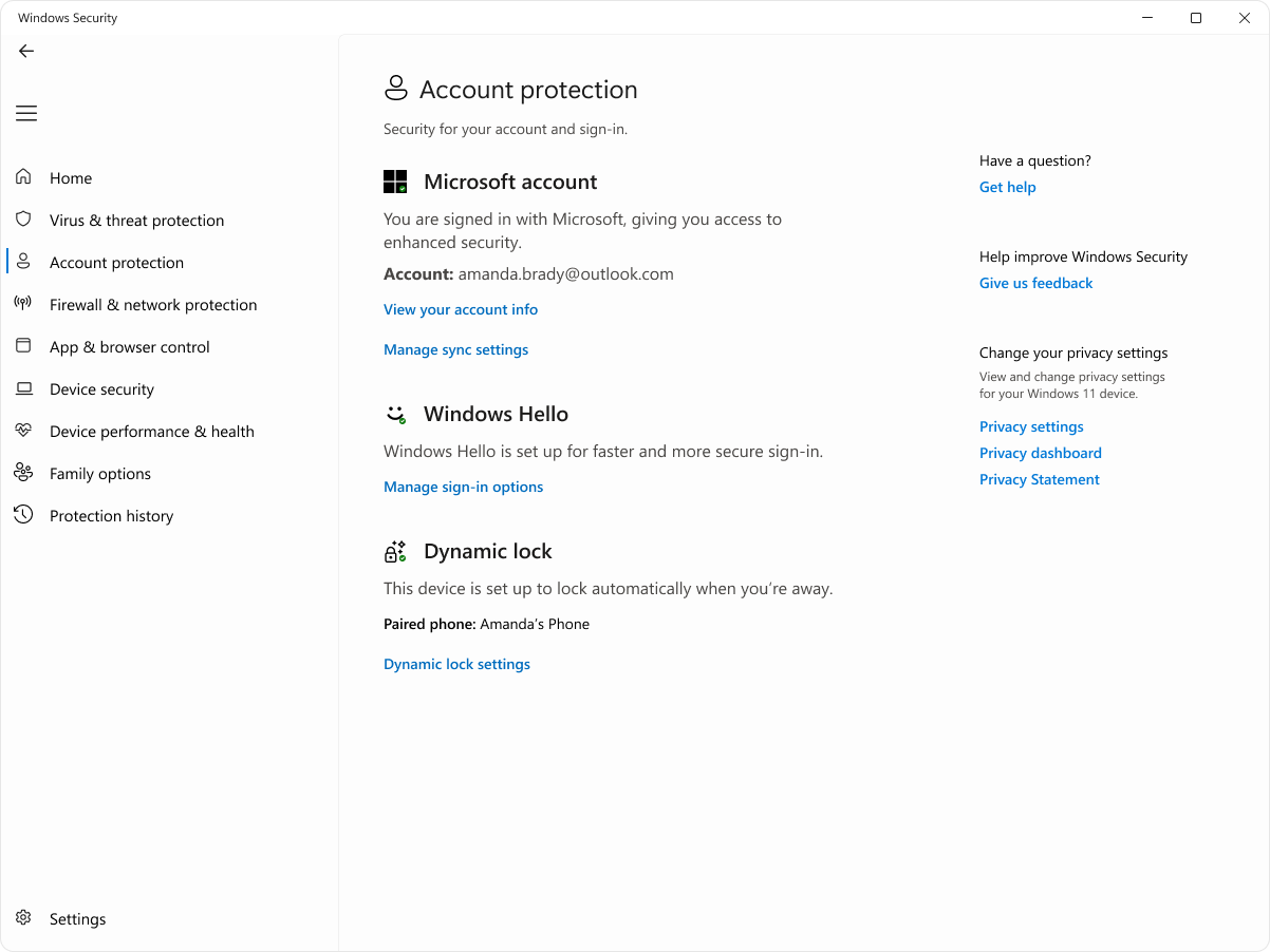 Zrzut ekranu przedstawiający stronę ochrony konta aplikacji Zabezpieczenia Windows.