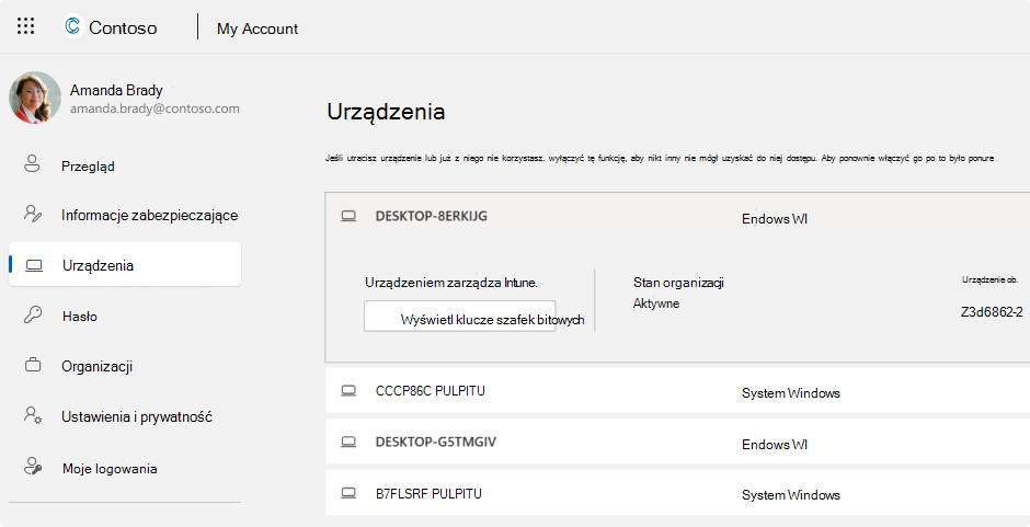 Zrzut ekranu przedstawiający klucze odzyskiwania funkcji BitLocker dla konta służbowego.