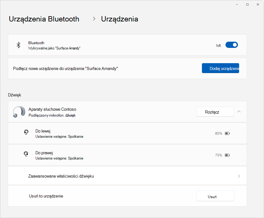 Zrzut ekranu przedstawiający ustawienia > urządzeń Bluetooth & ze szczegółami aparatów słuchowych.