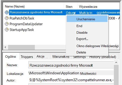 Uruchamianie rzeczoznawcy zgodności firmy Microsoft w Harmonogramie zadań.