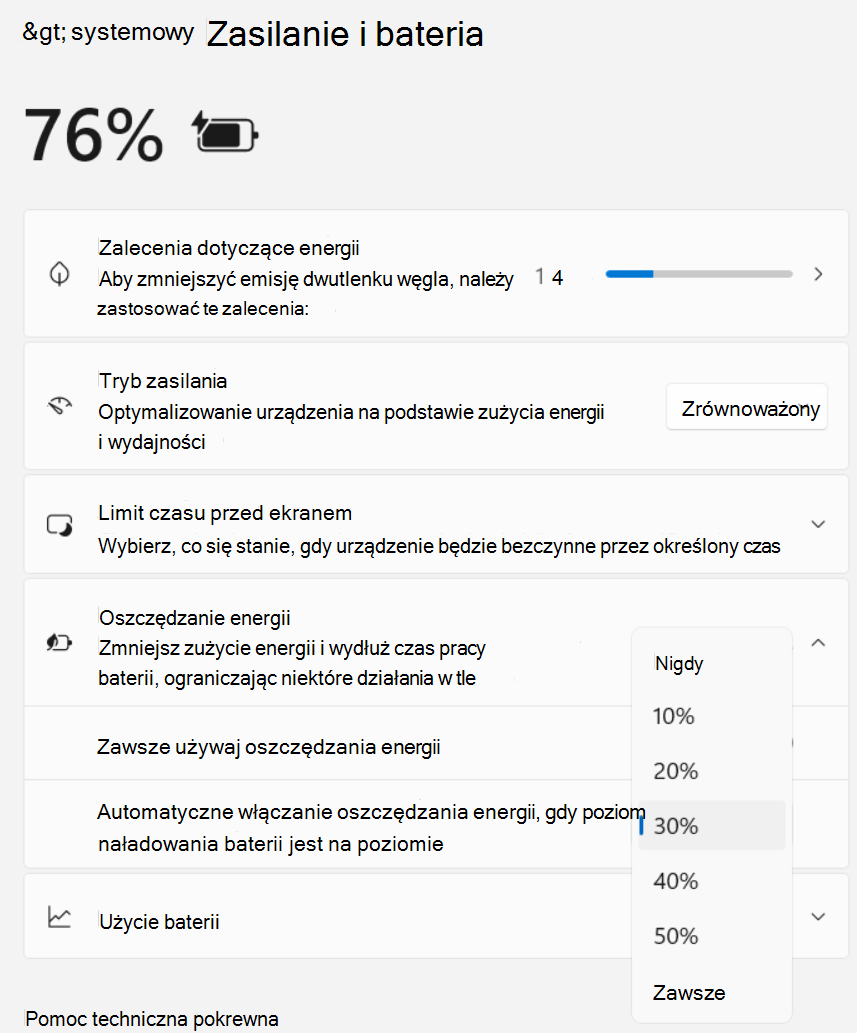 Zrzut ekranu przedstawiający ustawienia Zasilanie > systemu > i Oszczędzanie energii baterii >