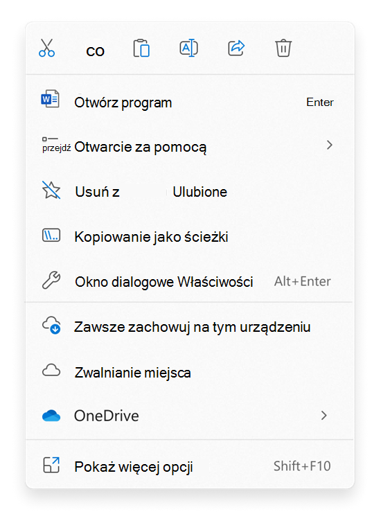 Wybierz polecenia dotyczące plików lub folderów w Eksplorator plików menu kontekstowym otwieranym prawym przyciskiem myszy.