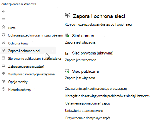 Zrzut ekranu strony Zapora i ochrona sieci w aplikacji Zabezpieczenia Windows.
