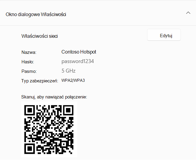 Zrzut ekranu kodu QR używanego do łączenia się z urządzeniem z systemem Windows działającym jako hotspot.