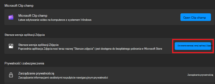 Kliknij pozycję Otwórz starszą wersję aplikacji Zdjęcia