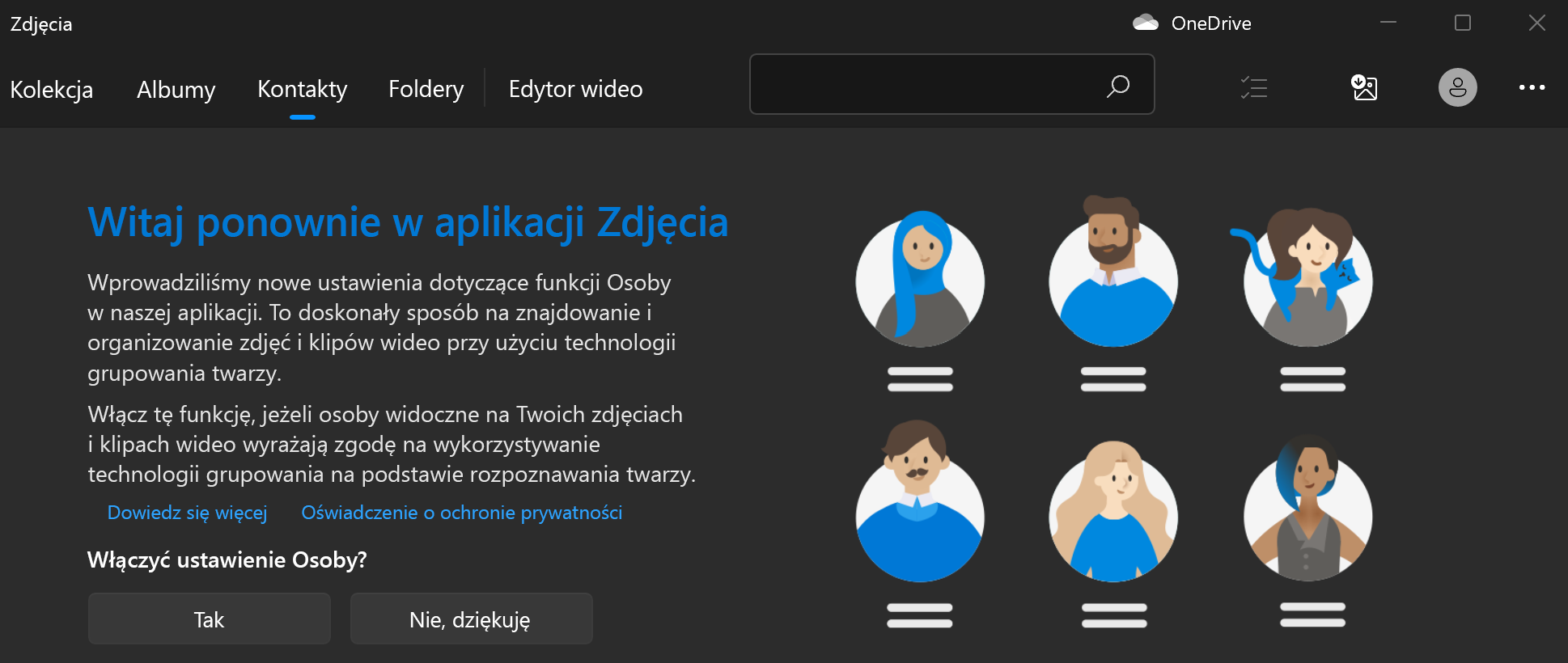 Przedstawia ekran powitalny dla zdjęć z przyciskami Tak i Nie po wyświetleniu pytania o włączenie ustawienia Osoby.