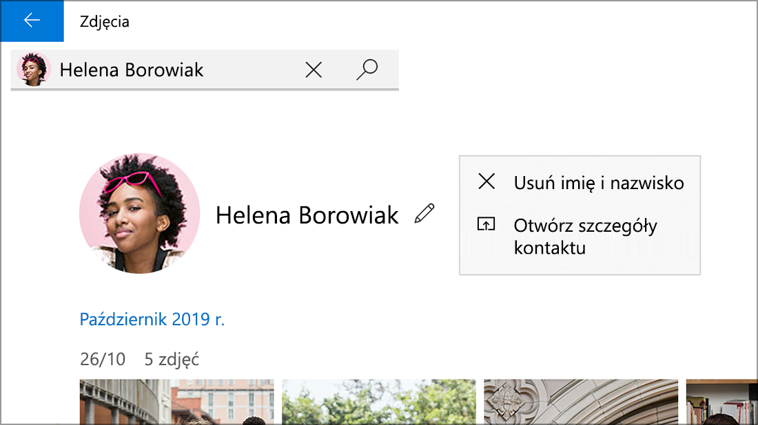 Zrzut ekranu przedstawiający kontakt z opcją Usuń imię i nazwisko.