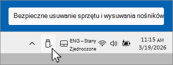 Zrzut ekranu przedstawiający ikonę Bezpieczne usuwanie urządzenia USB w obszarze powiadomień.