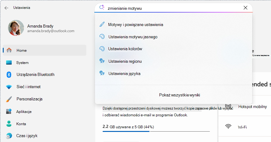 Zrzut ekranu przedstawiający wyszukiwanie w ustawieniach.