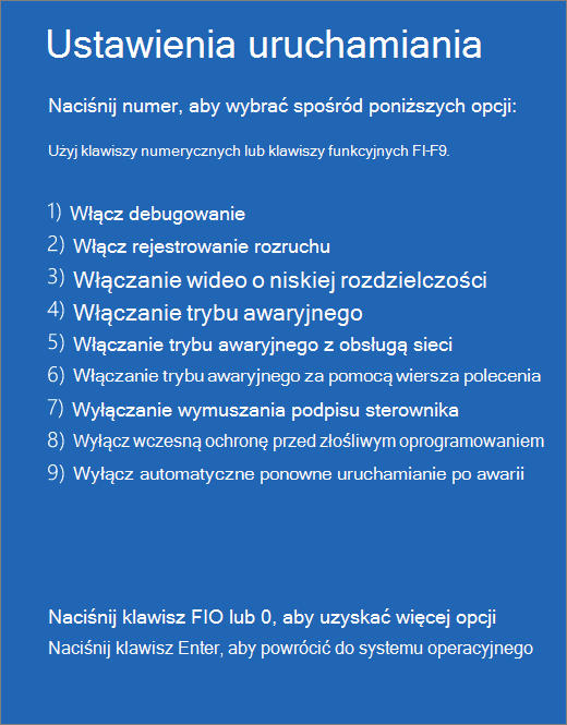 Zrzut ekranu przedstawiający listę ustawień uruchamiania.