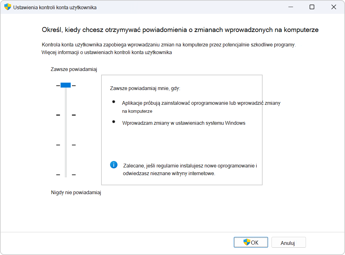 Screenshot of the settings to configure UAC.