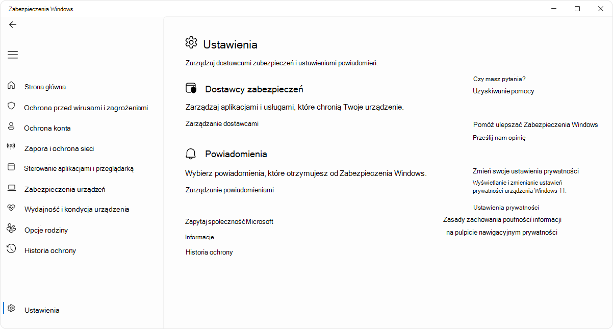 Zrzut ekranu przedstawiający stronę ustawień aplikacji Zabezpieczenia Windows.