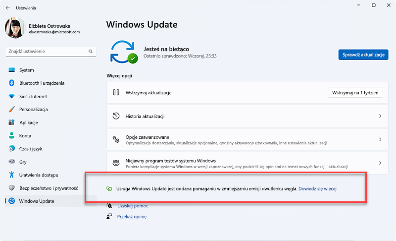 Komunikat wyświetlany w Windows Update podczas ustalania priorytetów instalowania aktualizacji w tle w ten sposób może skutkować niższymi emisjami dwutlenku węgla, ponieważ większy odsetek energii elektrycznej pochodzi ze źródeł o niższych emisjach dwutlenku węgla w sieci elektrycznej.