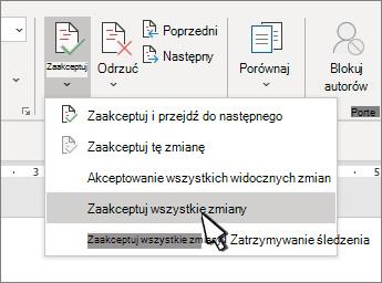 Lista rozwijana z opcją Zaakceptuj wszystkie zmiany w Word