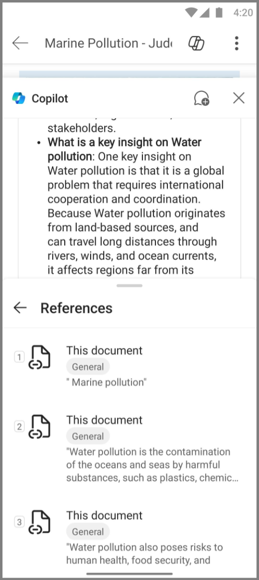Zrzut ekranu przedstawiający copilot w Word na urządzeniu z systemem Android z odpowiedzią References for Copilots