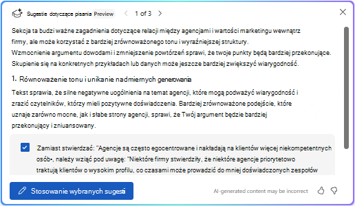 Opcja Zastosuj wybrane sugestie w copilot w Word