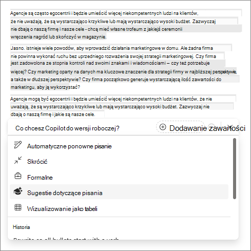 Opcja Sugestie dotyczące pisania w copilot w Word