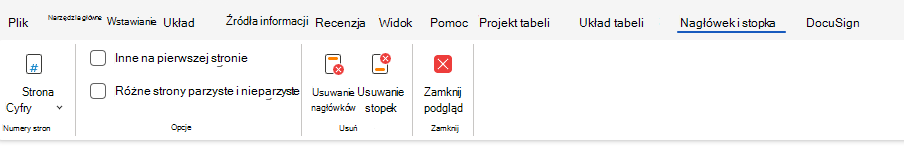 Opcje nagłówków i stopek na wstążce