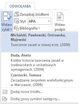 Lista rozwijana Wstaw cytat