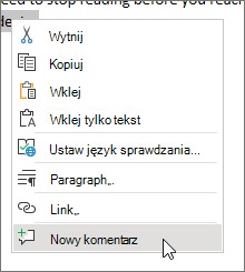 Menu kontekstowe programu Word dla sieci Web z wybranym poleceniem Nowy komentarz