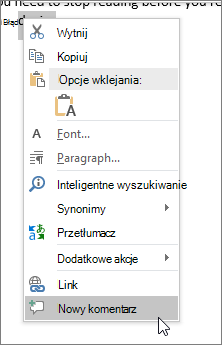 Z menu kontekstowego wybierz pozycję Nowy komentarz.