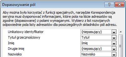 Okno dialogowe Dopasowywanie pól