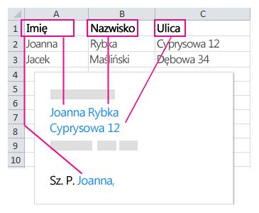 Dane wczytywane do pól korespondencji seryjnej
