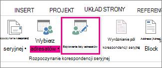 Zrzut ekranu przedstawiający kartę Korespondencja w programie Word oraz wyróżnione polecenie Edytuj listę adresatów.