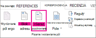 Zrzut ekranu przedstawiający kartę Korespondencja w programie Word oraz wyróżnione polecenie Wiersz pozdrowienia.