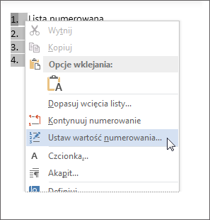 Polecenie Ustaw wartość numerowania w menu skrótów