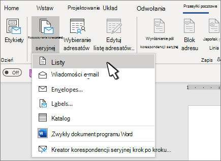 Menu Start korespondencji seryjnej z wybraną pozycją Listy