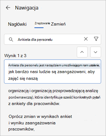 Za pomocą polecenia Znajdź wraz z okienkiem nawigacji możesz wyszukiwać w Word dokumentu sieci Web.