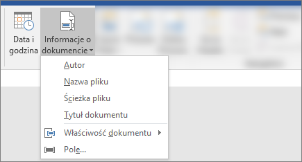 Zrzut ekranu przedstawiający przyciski Informacje o dokumencie i Data & Godzina na wstążce Word