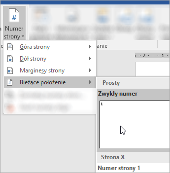 Zrzut ekranu przedstawiający wybieranie pozycji Zwykły format numeru strony na bieżącej pozycji w dokumencie